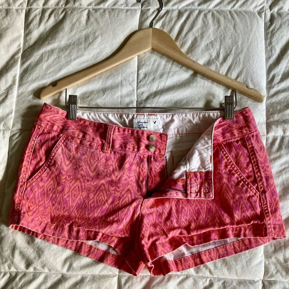 American Eagle Super Low Shortie Shorts Women's 8 Aztec Pink Orange Flap Pocket
